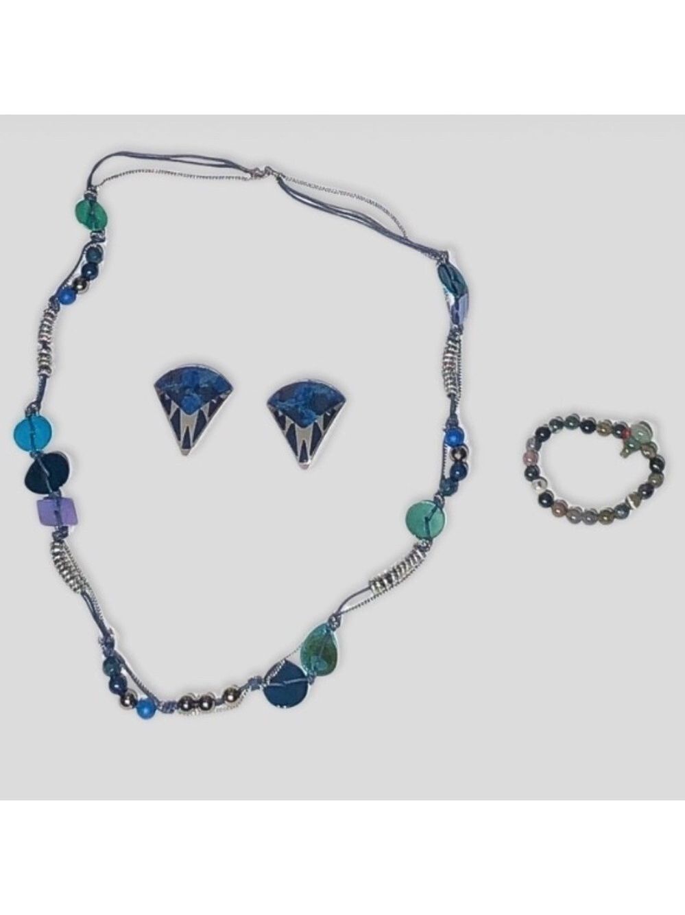Vintage Beaded Multicolor Necklace Bracelet Clip On Earrings Set